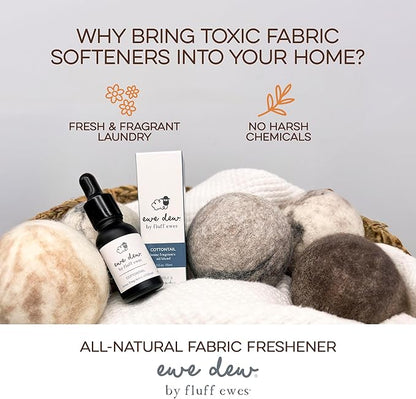 Fluff Ewes Premium Handmade New Zealand Reusable Wool Dryer Balls for Laundry & Baby + Ewe Dew Home Fragrance Aromatherapy Dryer Ball Essential Oil Blend, 2 Pack, Darks + Cottontail 0.5oz