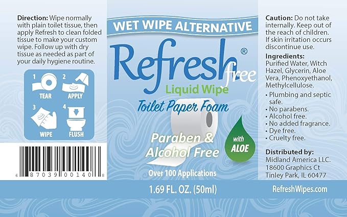 Refresh Liquid Wipe Free: Toilet Paper Foam. Eco-Friendly Flushable Wet Wipe Alternative For Sensitive Skin. Cleanses and Soothes with Witch Hazel and Aloe. Plumbing Safe. 50ml (1.69 Fl Oz).…
