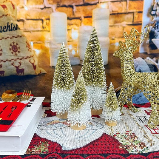 Mini Christmas Tree Bottle Brush Christmas Trees Decor for Christmas Decorations Wooden Bases (Gold and White)