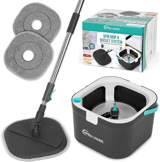 Simpli-Magic Spin Mop and Bucket System, Includes Square Spin, Dual Compartment Mop Bucket and 3 Thick Machine Washable Pads