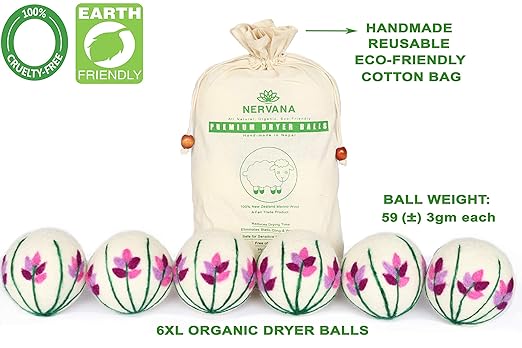 Organic Wool Dryer Balls - Lavender 6 XL Premium Quality Reusable Natural Fabric Softener, 100% Hand Made, New Zealand Merino Wool, Bunch of Lavender, Fair-Trade