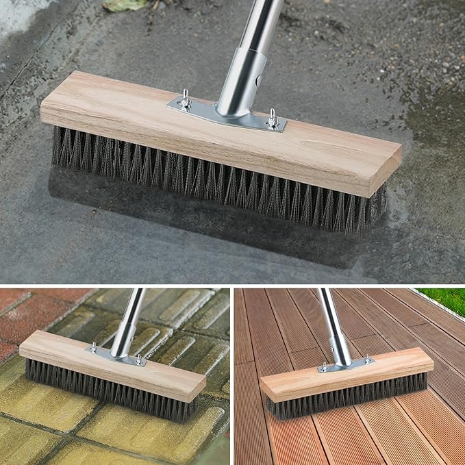Heavy Duty Wire Broom with Telescopic Handle(57IN), Stiff Metal Bristle Brush for Removing Weed Moss, Outdoor Floor Scrub Brush for Patio, Deck, Garden, Concrete, Garage