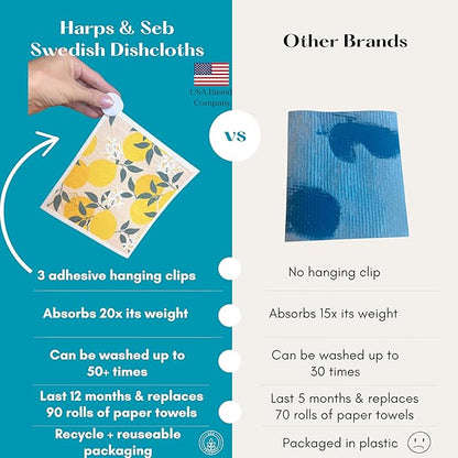 Harps&Seb Swedish Dishcloths for Kitchen Dish Towels - 6 Pack, Reusable Paper Towels with Clips, Super Absorbent Washable Non-Scratch Swedish Dish Towels, No Odor, Biodegradable