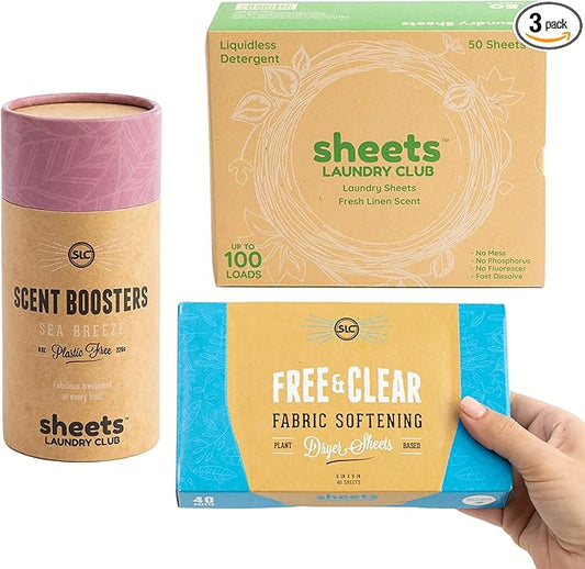 Sheets Laundry Club Bundle - 50 Pack (up to 100 loads) Fresh Linen Detergent Sheets, 40 Pack Free & Clear Dryer Sheets & 8 Oz. Sea Breeze Scent Booster - New Liquidless Technology