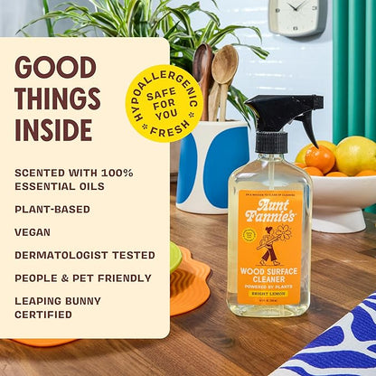 Aunt Fannie's All Purpose Wood Spray Cleaner, No-Wax Formula, Perfect for Wood Tables, Walls, Counters & Shelves, 16.9 Ounces, Lemon Scent (Pack of 1)