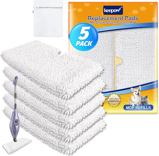 KEEPOW Steam Mop Replacement Pads Compatible with Shark S3500 Series S3501 S3601 S3550 S3901 SE450 S3801CO S3601D S2901Steamer Pocket Mop Washable Microfiber for All Hard Floors Cleaner (5 White)