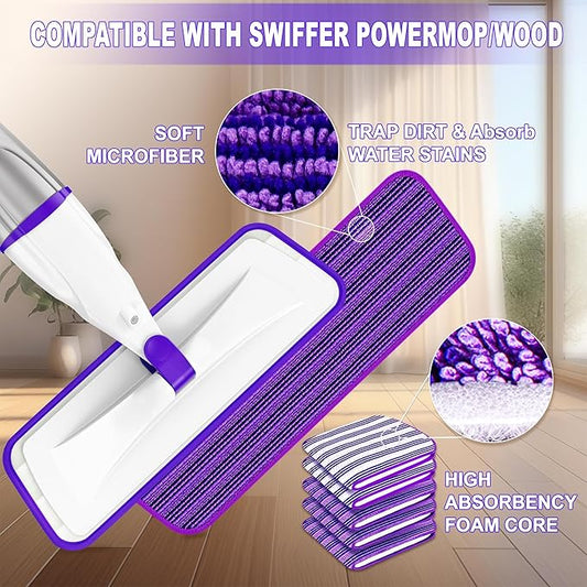 Spray Mop for Hardwood Floor Cleaning: EXEGO Wet Mops with 5 Microfiber Refillable Pads for Swiffer Powermop - Mopping Tools with Sprayer for Tile Wood Laminate Vinyl Marble
