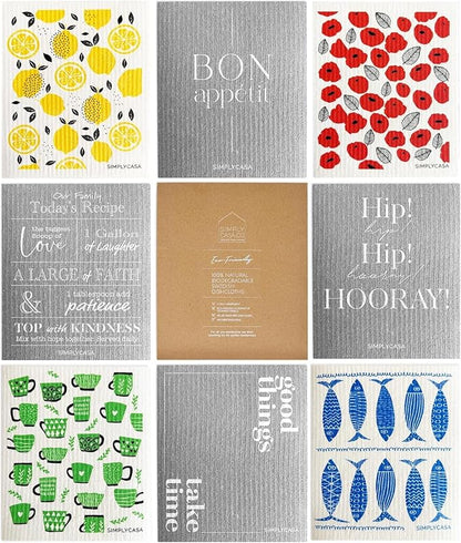 8 Pack Reusable Swedish Dishcloth, for Kitchen and Household Use, Super Absorbency, Made in Sweden, Cellulose Sponge Dish Cloths, Paper Towel Replacement, Plastic-Free Packaging