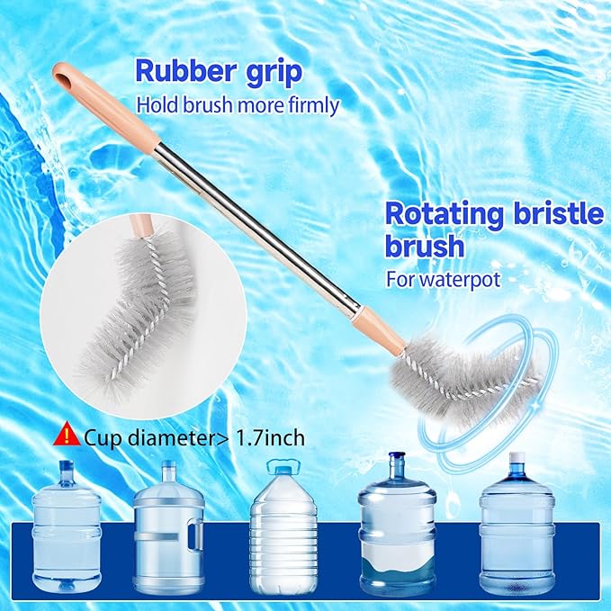 11 Pack 28" Long Bottle Brush,3 & 5 Gallon Bottle Cleaner Brush, Water jug Brush with Bendable Replaceable Brush Heads, Nylon Bristles and Stainless Steel Handle Bucket Cleaning Brush
