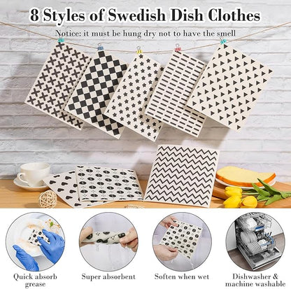 Lucomb 8 Pack Swedish Kitchen Dishcloths, Reusable Dish Cloth Paper Towels Washable Decorative Cleaning Cloths Sponge Wipes for Dish Washing, Super Absorbent & Quick Drying