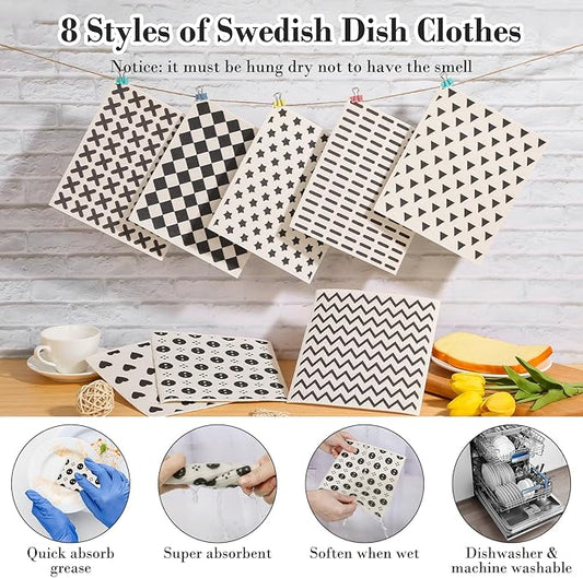 Lucomb 8 Pack Swedish Kitchen Dishcloths, Reusable Dish Cloth Paper Towels Washable Decorative Cleaning Cloths Sponge Wipes for Dish Washing, Super Absorbent & Quick Drying
