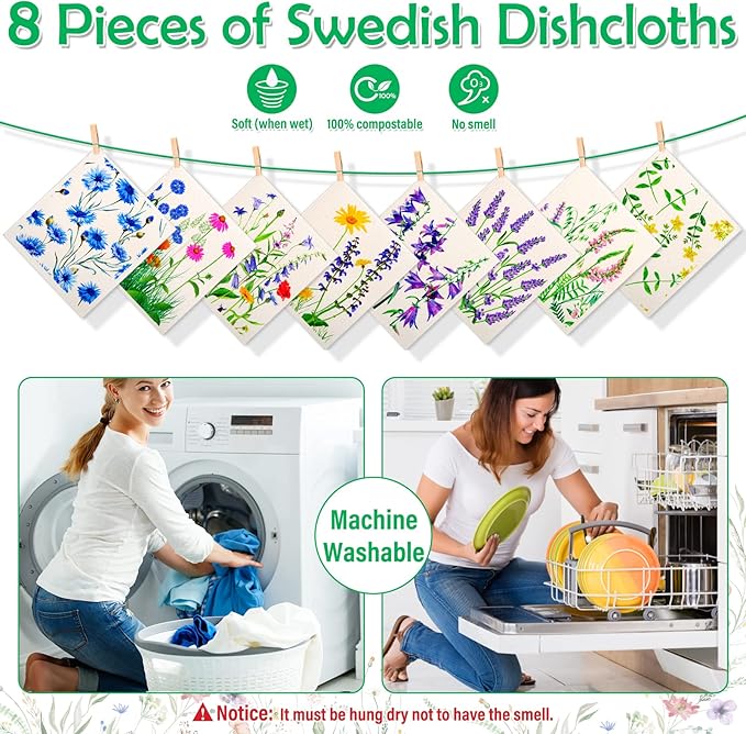 Lucomb Swedish Dish Cloths for Kitchen, 8 Pack Reusable Kitchen Dish Rags Quick Drying Assorted Cleaning Towels for Counters Dishes Home Bar Table Wiping