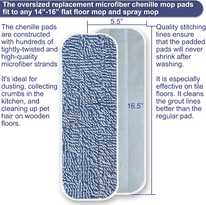 Replacement Mop Pad 16.5''x5.5'' for Floor Cleaning, 5 Pack Chenille Dust Mop Head Refills Attract and Pick Up Pet Hair, Washable Dry Cleaning Pads Compatible with Bona Mop and Most Spray Mops