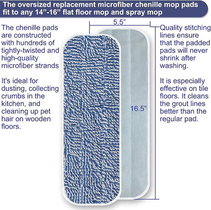 Replacement Mop Pad 16.5''x5.5'' for Floor Cleaning, 5 Pack Chenille Dust Mop Head Refills Attract and Pick Up Pet Hair, Washable Dry Cleaning Pads Compatible with Bona Mop and Most Spray Mops