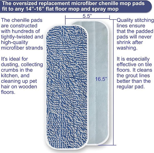 Replacement Mop Pad 16.5''x5.5'' for Floor Cleaning, 5 Pack Chenille Dust Mop Head Refills Attract and Pick Up Pet Hair, Washable Dry Cleaning Pads Compatible with Bona Mop and Most Spray Mops