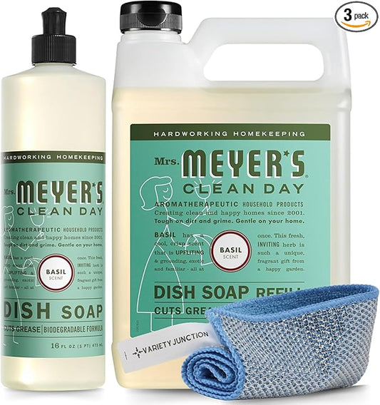 Mrs. Meyer's Basil Dish Soap Set - 16oz Bottle, 48oz Refill, and Dual-Sided Microfiber & Scrubbing Towel