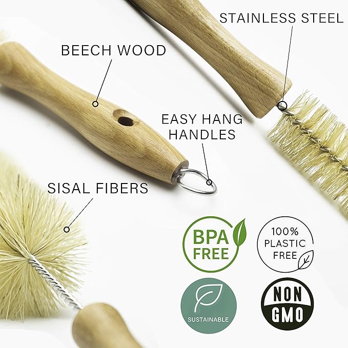All Natural Bottle Brush and Straw Set (NO Plastic) Sisal Bristles and Wood Handle Bottle Cleaners for Washing Narrow Beer Bottles, Sports/Water Bottles, Tumbler, Kettles, Lid Brush, Long Straw Brush