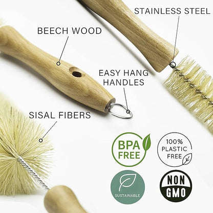 All Natural Bottle Brush and Straw Set (NO Plastic) Sisal Bristles and Wood Handle Bottle Cleaners for Washing Narrow Beer Bottles, Sports/Water Bottles, Tumbler, Kettles, Lid Brush, Long Straw Brush