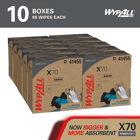 WypAll PowerClean X70 Cloths Medium Duty Wipes (41455), Pop-Up Box, Long Lasting Towels, White (10 Packs of 96 Sheets,960 Sheet Total)