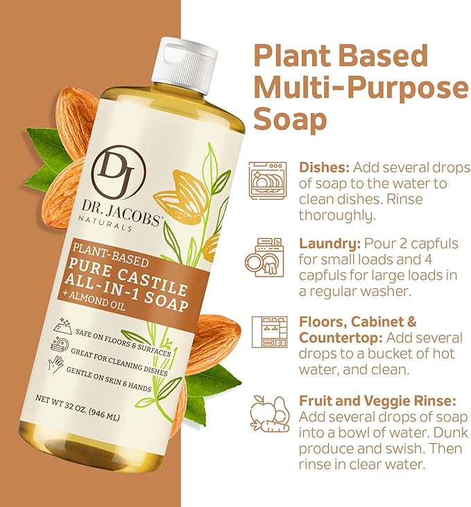 Dr. Jacobs Naturals Almond Castile All-In-One Cleaner and Soap, Effective Plant-Based Formula for House Cleaning Floors & Appliances. Eco-friendly for Home Essentials and the Planet (32 Fl Oz, 1 Pack)