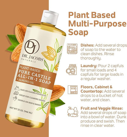 Dr. Jacobs Naturals Almond Castile All-In-One Cleaner and Soap, Effective Plant-Based Formula for House Cleaning Floors & Appliances. Eco-friendly for Home Essentials and the Planet (32 Fl Oz, 1 Pack)
