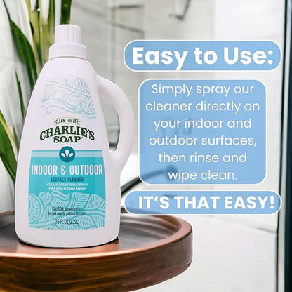 Charlie's Soap Indoor & Outdoor Surface Cleaner Refill (75 Fl. Oz.) Biodegradable Natural Outdoor Cleaning Spray – Safe for Indoor Use (1 Pack)