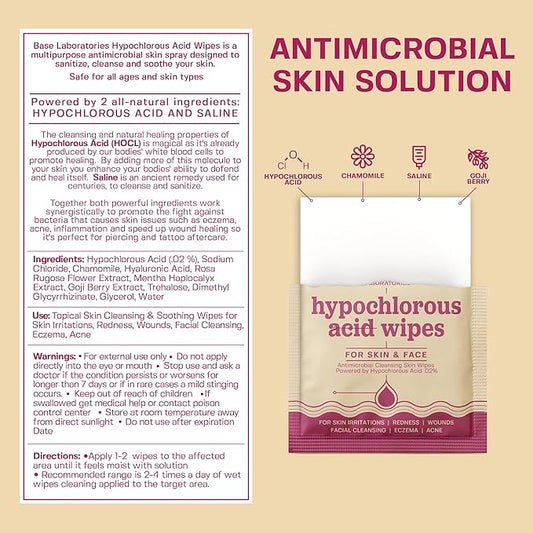 BASE LABORATORIES Hypochlorous Acid Wipes | Saline Solution and HOCl Infused Wound Cleaning Wipes for Skin & Face | Cleanses, Sanitizes & Soothes Skin Irritations, Piercings, Acne & Eczema | 150 Wipes