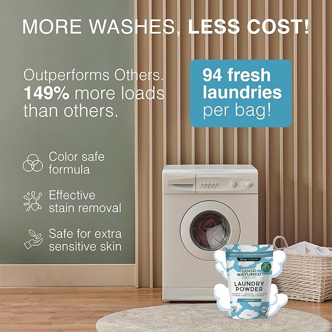 Good Natured Brand | Natural Laundry Detergent Powder & Washing Soda for Tough Stains & Odors | Hypoallergenic, Safe for Sensitive Skin | Biodegradable & Eco-friendly | Unscented | 47 oz 94 Loads