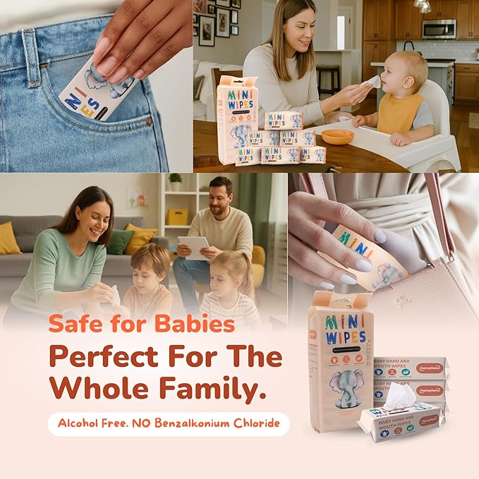 Mini Wet Wipes - Alcohol & Fragrance Free, Safe for Babies & Kids - 24 Bags Total 192 Wipes (Sunset Elephant)