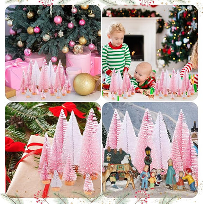 Leyndo 24 Pcs Pink Artificial Mini Christmas Tree Xmas Sisal Bottle Brush Trees with Wood Base Christmas Decor for Xmas Party Table Top Winter Ornaments Home Kitchen Crafts