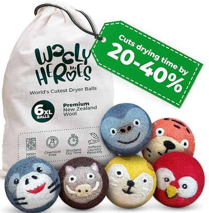No More Dryer Sheets - Wool Dryer Balls - XL 6-Pack - Eco Dryer Balls - Dryer Balls Laundry Reusable - Softens Laundry Naturally - Reduces Drying Time & Static - with Storage Bag