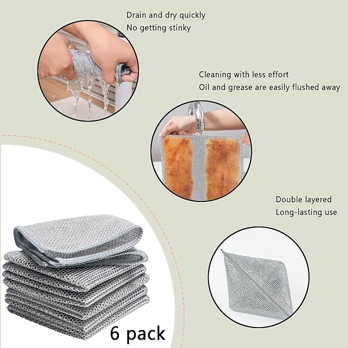 6pcs Multipurpose Wire Dishwashing Rags for Wet and Dry, Non Scratch Wire Dishcloth，Reusable Kitchen Wire Miracle Cleaning Cloths for Dishes, Sinks, Stove Tops