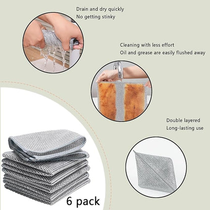 6pcs Multipurpose Wire Dishwashing Rags for Wet and Dry, Non Scratch Wire Dishcloth，Reusable Kitchen Wire Miracle Cleaning Cloths for Dishes, Sinks, Stove Tops