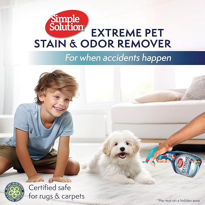 Simple Solution Extreme Pet Stain and Odor Eliminator Spray, Pee Stain Remover, Enzyme Cleaner, 3X Pro-Bacteria Cleaning Power, Dog Odor Remover, 32 oz and Gallon