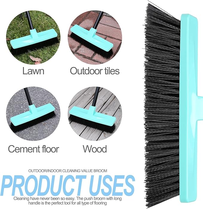 Push Broom Stiff Bristles Outdoor Broom with 51" Long Handle for Cleaning Scrubbing Deck Driveway Yard Patio Garage Concrete Wood Stone Tile Multi-Surface Floor