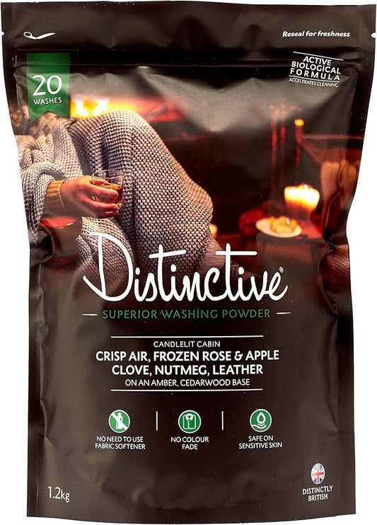 Distinctive Washing Powder Masculine fragrance - Best Biological Detergent For Making Washing Smell Amazing - Candlelit Cabin Crisp Air, Frozen Rose and Apple, Spices and leather - 1.2kg, 20-30 Washes