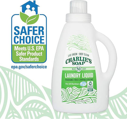 Charlie's Soap - Fragrance Free Laundry Liquid - 50 Loads (One 50-Load Bottle, 50 Total Loads)