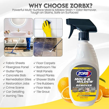 ZORBX Extra Strength M&M Remover & Cleaner Spray 24 FL Oz – Scrub Free Formula - Bleach Free M&M Stain & Smell Eliminator for Shower, Bathroom, Ceiling, Carpet, Cars, Walls & Wood
