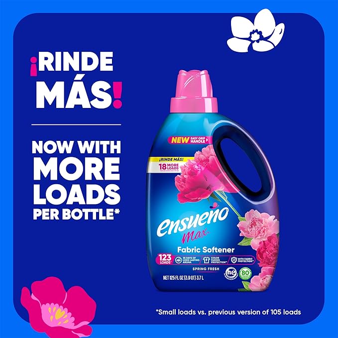 Ensueño Max Liquid Fabric Softener - Spring Fresh Scent - 125 fl oz - Color-Safe Fabric Softener Liquid - Softens 123 Loads - Reduces Wrinkles & Static