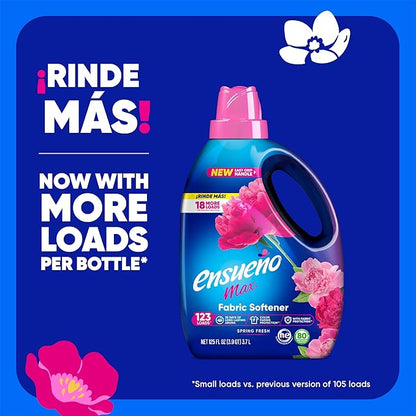 Ensueño Max Liquid Fabric Softener - Spring Fresh Scent - 125 fl oz - Color-Safe Fabric Softener Liquid - Softens 123 Loads - Reduces Wrinkles & Static