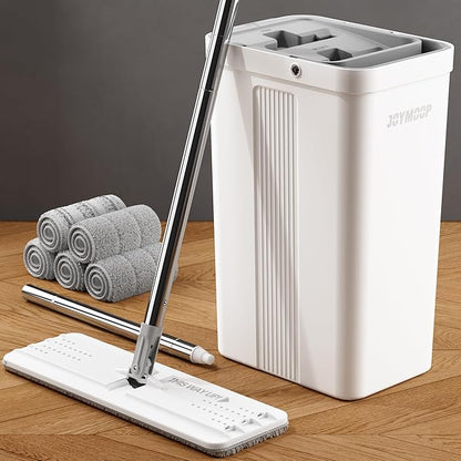 JOYMOOP Mop and Bucket with Wringer Set, White Flat Squeeze Mop Bucket Set for Floor Cleaning, Wet Dry Mop for Walls, Wall Cleaner with Long Handle, Hardwood Floor Mop-5 Microfiber Cloths