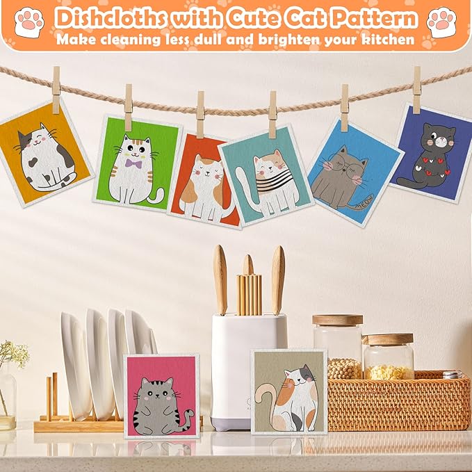 Lucomb Swedish Dish Cloths for Kitchen, 8 Pack Reusable Cleaning Cloth Absorbent Kitchen Towels No Odor Fast Drying for Home Wipes Dish Washing (Cute Cat)