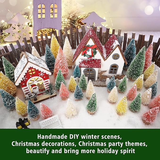 Christmas Decorations Mini Christmas Tree 35pcs,Mini Miniature Christmas Pine Tree Bottle Brush Trees Wooden Bases Tree for Your Village Desktop Xmas Holiday Party (Pink,Yellow,Blue,Green,Beige)