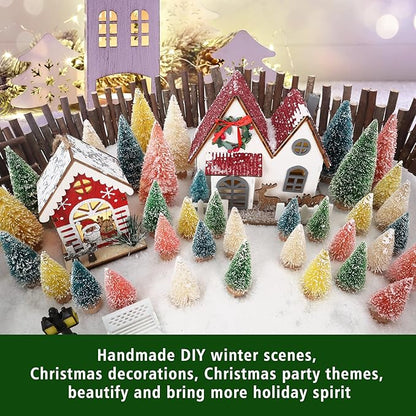 Christmas Decorations Mini Christmas Tree 35pcs,Mini Miniature Christmas Pine Tree Bottle Brush Trees Wooden Bases Tree for Your Village Desktop Xmas Holiday Party (Pink,Yellow,Blue,Green,Beige)