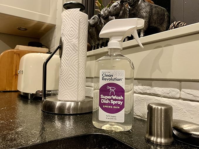 Clean Revolution SuperWash Dish Soap Starter Kit, Includes Three 18-Ounce Bottles + One Trigger Sprayer, Compatible with Dawn Powerwash Sprayers, Spring Rain Fragrance, Clear, 54 Fl Oz Total