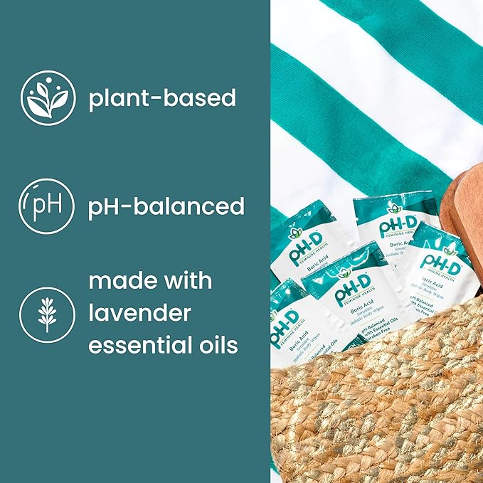 pH-D Feminine Health Support - Boric Acid Wipes - Holistic Body Wipes - Travel Friendly, pH-Balanced, Paraben-Free, and Made with Essential Oils - Sensitive - 20 count
