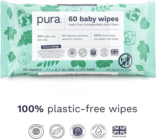 Pura Natural Sensitive Baby Wipes, 99% Water, Unscented & Hypoallergenic, Suitable for Sensitive & Eczema-prone Skin, Fragrance Free & Hypoallergenic, EWG Verified, 3 x 60 per pack (180 Wipes)