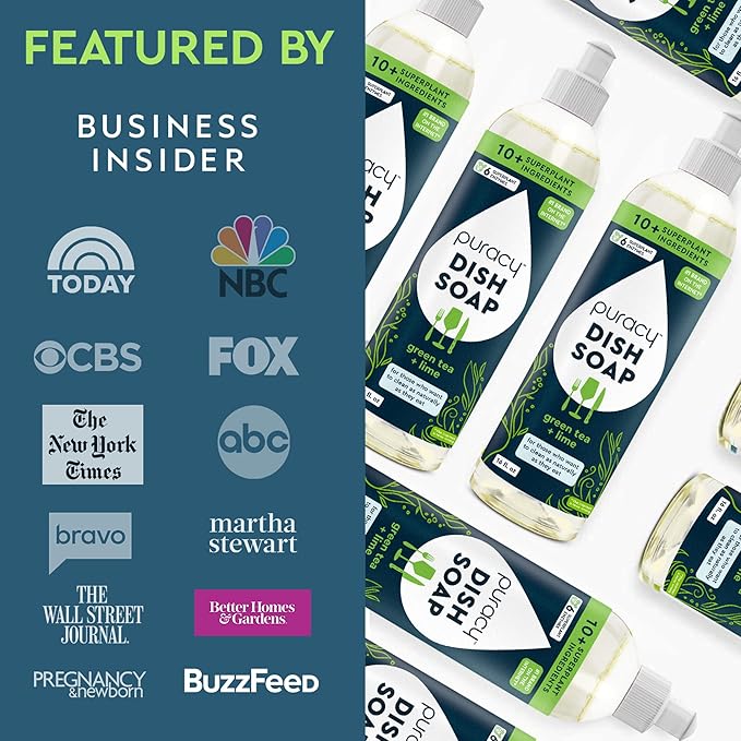 Puracy Natural Dish Soap - Skin-Softening Plant-Based Dishwashing Soap, Non-Toxic Dish Soap, Organic Liquid Dishwashing Detergent Soap (Green Tea & Lime, 16 fl oz, 3 Pack)
