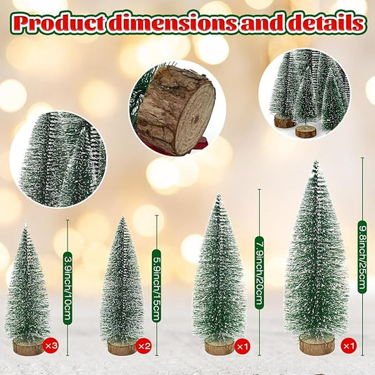 7PCS Small Christmas Trees, Bottle Brush Christmas Trees Mini Sisal Snow Frost Trees Pine Trees with Wood Base Tabletop Mini Christmas Village Tree for Holiday Decorations