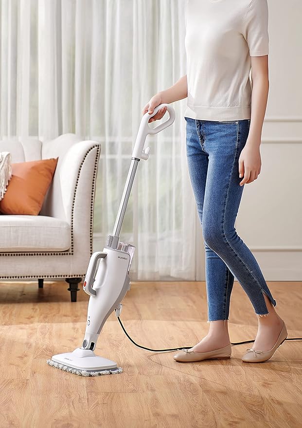 Eureka Multifunctional Steam Mop for Hard Floors and Rugs, Lightweight, Convenient Detachable Handheld Unit, Laminate/Hardwood/Tiles/Carpet/Kitchen, NEM100, White